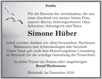 Traueranzeige von Simone Hüber von Super Sonntag SGH Mansf. Land