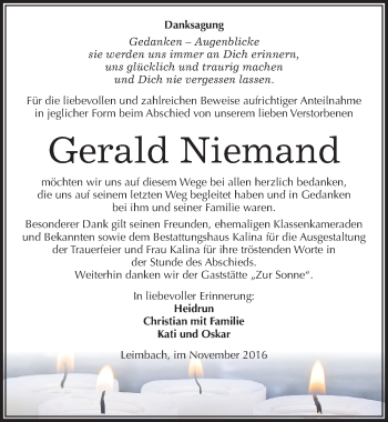 Traueranzeige von Gerald Niemand von Mitteldeutsche Zeitung Mansfelder Land