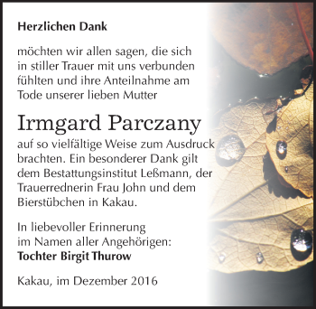 Traueranzeige von Irmgard Parczany von Mitteldeutsche Zeitung Wittenberg
