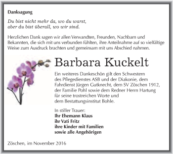 Traueranzeige von Barbara Kuckelt von WVG - Wochenspiegel Merseburg