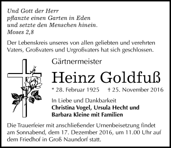 Traueranzeige von Heinz Goldfuß von Mitteldeutsche Zeitung Wittenberg