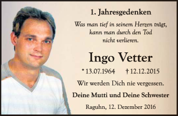 Traueranzeige von Ingo Vetter von Mitteldeutsche Zeitung Bitterfeld