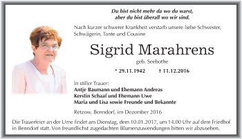 Traueranzeige von Sigrid Marahrens von Mitteldeutsche Zeitung Mansfelder Land