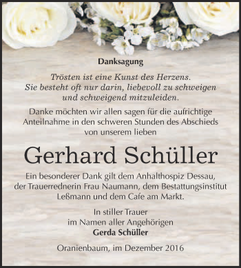 Traueranzeige von Gerhard Schüller von WVG - Wochenspiegel Wittenberg