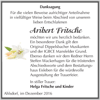 Traueranzeige von Aribert Fritsche von Wochenspiegel Mansfelder Land