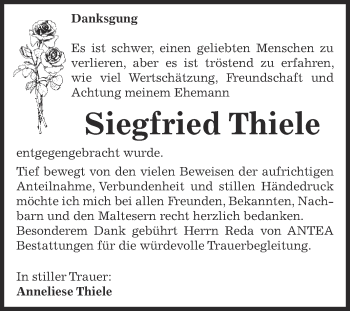 Traueranzeige von Siegfried Thiele von WVG - Wochenspiegel Dessau / Köthen