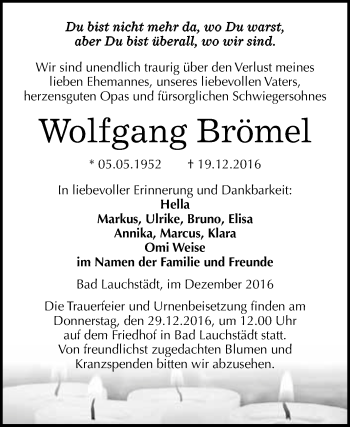 Traueranzeige von Wolfgang Brömel von WVG - Wochenspiegel Merseburg