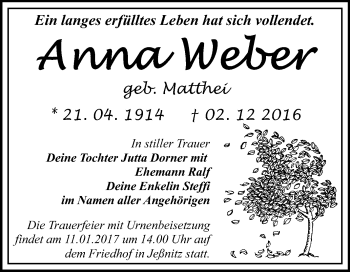 Traueranzeige von Anna Weber von WVG - Wochenspiegel Bitterfeld