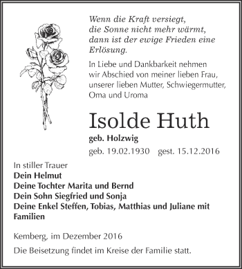 Traueranzeige von Isolde Huth von WVG - Wochenspiegel Bitterfeld