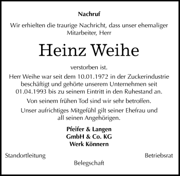 Traueranzeige von Heinz Weihe von Mitteldeutsche Zeitung Köthen
