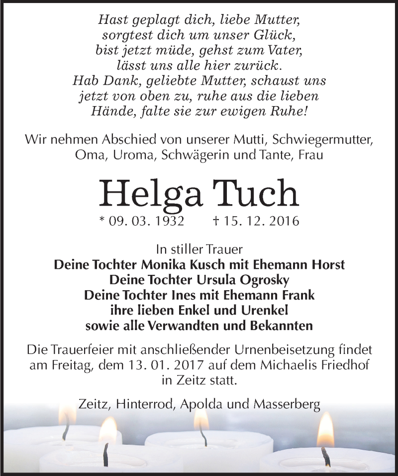  Traueranzeige für Helga Tuch vom 22.12.2016 aus Mitteldeutsche Zeitung Zeitz