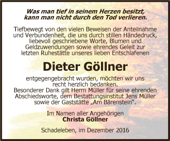 Traueranzeige von Dieter Göllner von Super Sonntag Aschersleben