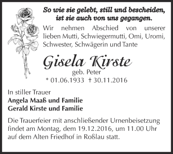 Traueranzeige von Gisela Kirste von WVG - Wochenspiegel Dessau / Köthen