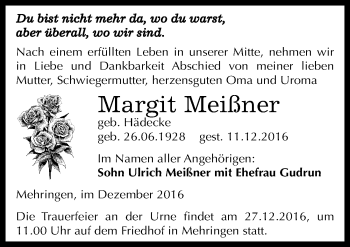 Traueranzeige von Margit Meißner von Mitteldeutsche Zeitung Aschersleben