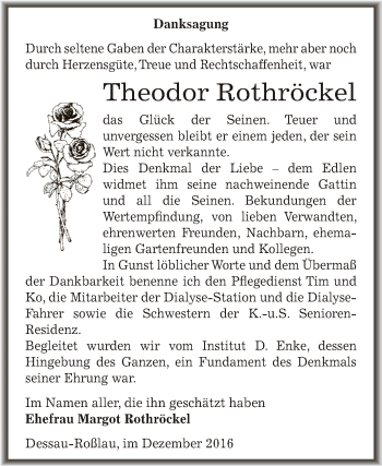Traueranzeige von Theodor Rothröckel von WVG - Wochenspiegel Dessau / Köthen