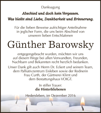 Traueranzeige von Günther Barowsky von Wochenspiegel Mansfelder Land