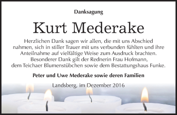 Traueranzeige von Kurt Mederake von Mitteldeutsche Zeitung Halle/Saalkreis