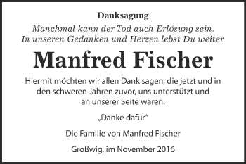 Traueranzeige von Manfred Fischer von WVG - Wochenspiegel Wittenberg