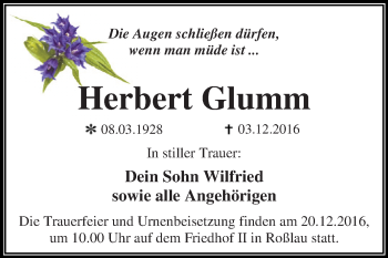 Traueranzeige von Herbert Glumm von WVG - Wochenspiegel Dessau / Köthen