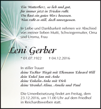 Traueranzeige von Leni Gerber von Mitteldeutsche Zeitung Weißenfels