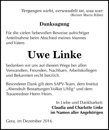 Traueranzeige von Uwe Linke von Mitteldeutsche Zeitung Naumburg/Nebra