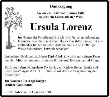 Traueranzeige von Ursula Lorenz von Super Sonntag Quedlinburg