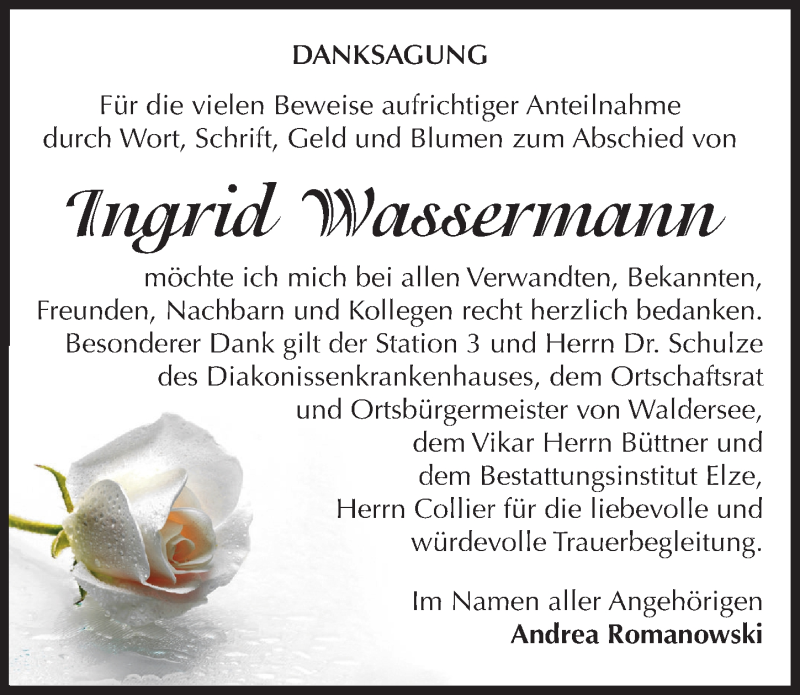  Traueranzeige für Ingrid Wassermann vom 27.12.2016 aus Mitteldeutsche Zeitung Dessau-Roßlau