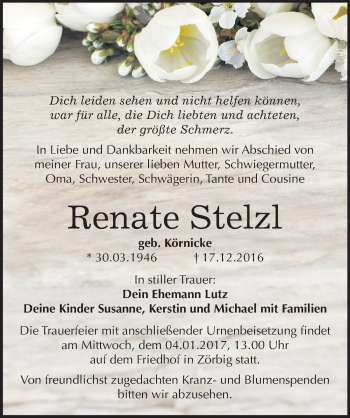 Traueranzeige von Renate Stelzl von Mitteldeutsche Zeitung Bitterfeld