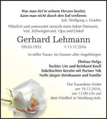 Traueranzeige von Gerhard Lehmann von Super Sonntag Bernburg