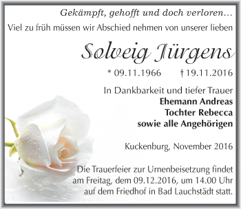 Traueranzeige von Solveig Jürgens von Mitteldeutsche Zeitung Merseburg/Querfurt