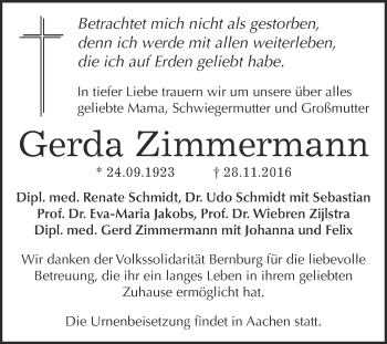 Traueranzeige von Gerda Zimmermann von Super Sonntag Bernburg