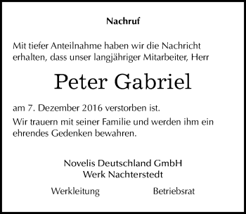 Traueranzeige von Peter Gabriel von Mitteldeutsche Zeitung