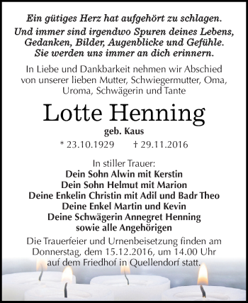 Traueranzeige von Lotte Henning von WVG - Wochenspiegel Dessau / Köthen