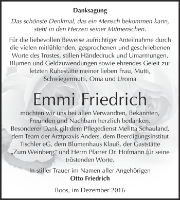 Traueranzeige von Emmi Friedrich von Super Sonntag Wittenberg