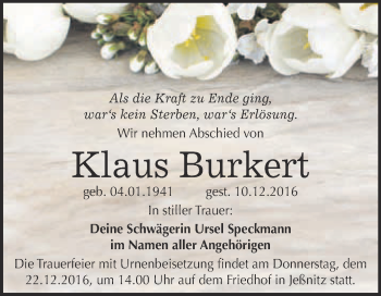 Traueranzeige von Klaus Burkert von WVG - Wochenspiegel Bitterfeld