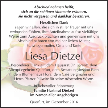 Traueranzeige von Liesa Dietzel von WVG - Wochenspiegel Merseburg