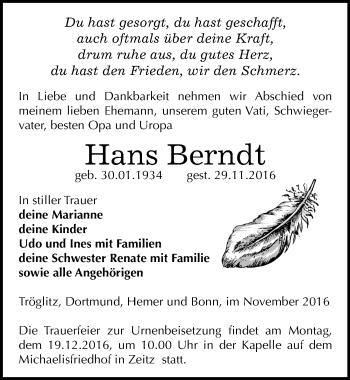 Traueranzeige von Hans Berndt von Mitteldeutsche Zeitung Zeitz