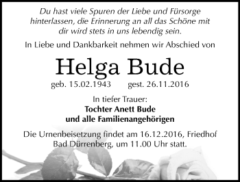 Traueranzeige von Helga Bude von Mitteldeutsche Zeitung Merseburg/Querfurt