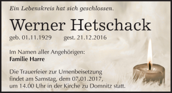 Traueranzeige von Werner Hetschack von Mitteldeutsche Zeitung Halle/Saalkreis