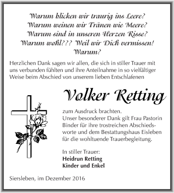 Traueranzeige von Volker Retting von Wochenspiegel Mansfelder Land