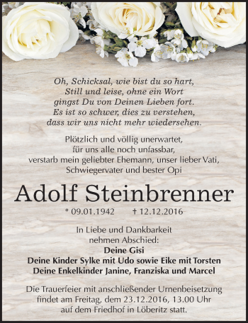 Traueranzeige von Adolf Steinbrenner von Mitteldeutsche Zeitung Bitterfeld