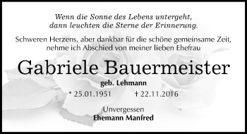 Traueranzeige von Gabriele Bauermeister von Mitteldeutsche Zeitung Dessau-Roßlau