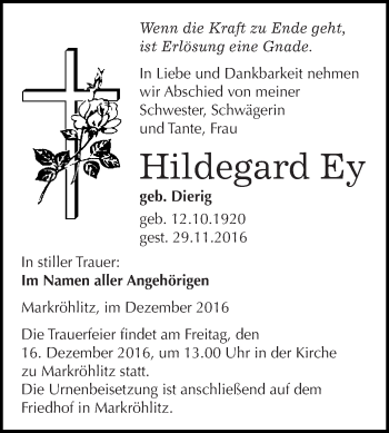 Traueranzeige von Hildegard Ey von WVG - Wochenspiegel NMB / WSF / ZTZ