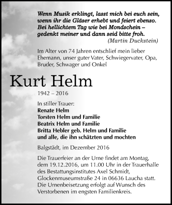 Traueranzeige von Kurt Helm von Mitteldeutsche Zeitung Naumburg/Nebra