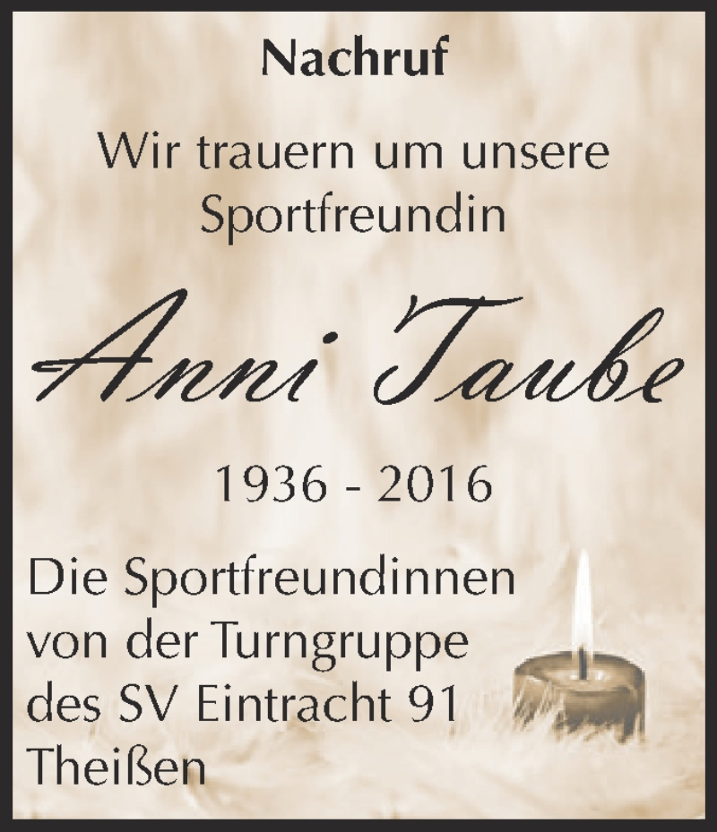  Traueranzeige für Anni Taube vom 10.12.2016 aus Super Sonntag Zeitz