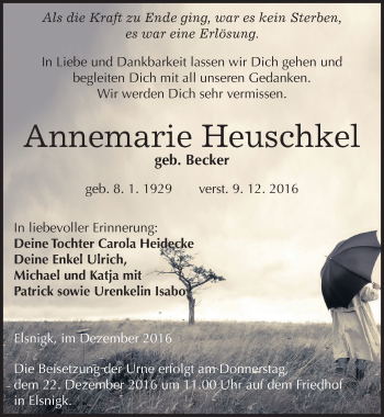 Traueranzeige von Annemarie Heuschkel von Mitteldeutsche Zeitung Köthen