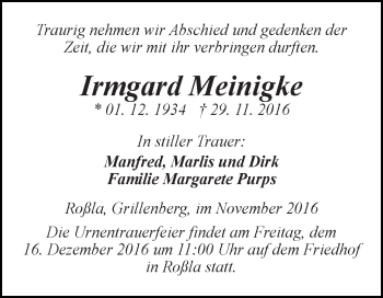 Traueranzeige von Irmgard Meinigke von Super Sonntag SGH Mansf. Land