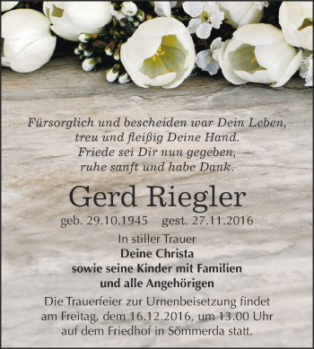 Traueranzeige von Gerd Riegler von WVG - Wochenspiegel NMB / WSF / ZTZ