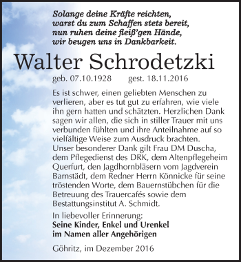 Traueranzeige von Walter Schrodetzki von Mitteldeutsche Zeitung Merseburg/Querfurt