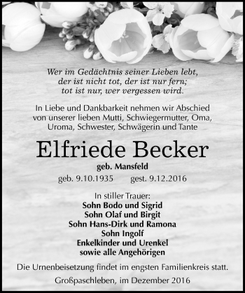 Traueranzeige von Elfriede Becker von Mitteldeutsche Zeitung Köthen
